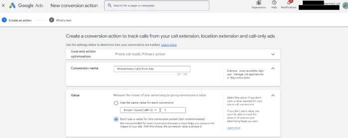 Create Conversion Action for Calls from Ads in Google Ads2 png