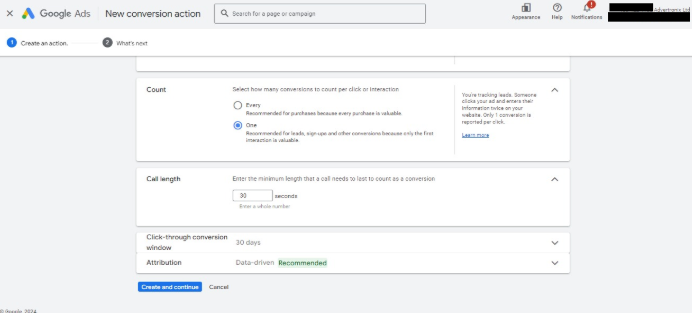 Create settings for Conversion Action for Calls from Ads in Google Ads