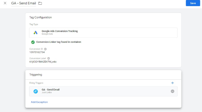 Google Tag Manager Assign Trigger to Tag for Google Ads Send Email Conversion Tracking